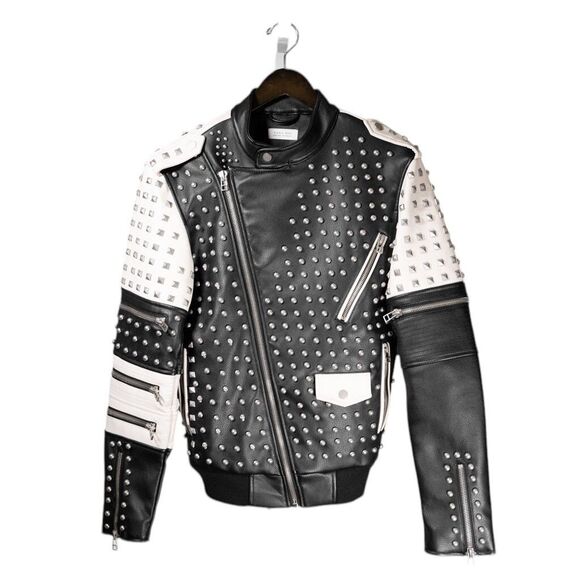 Zara Man Mens Jacket Small Black Faux Leather Studded Motorcycle Biker Bomber - Picture 4 of 11